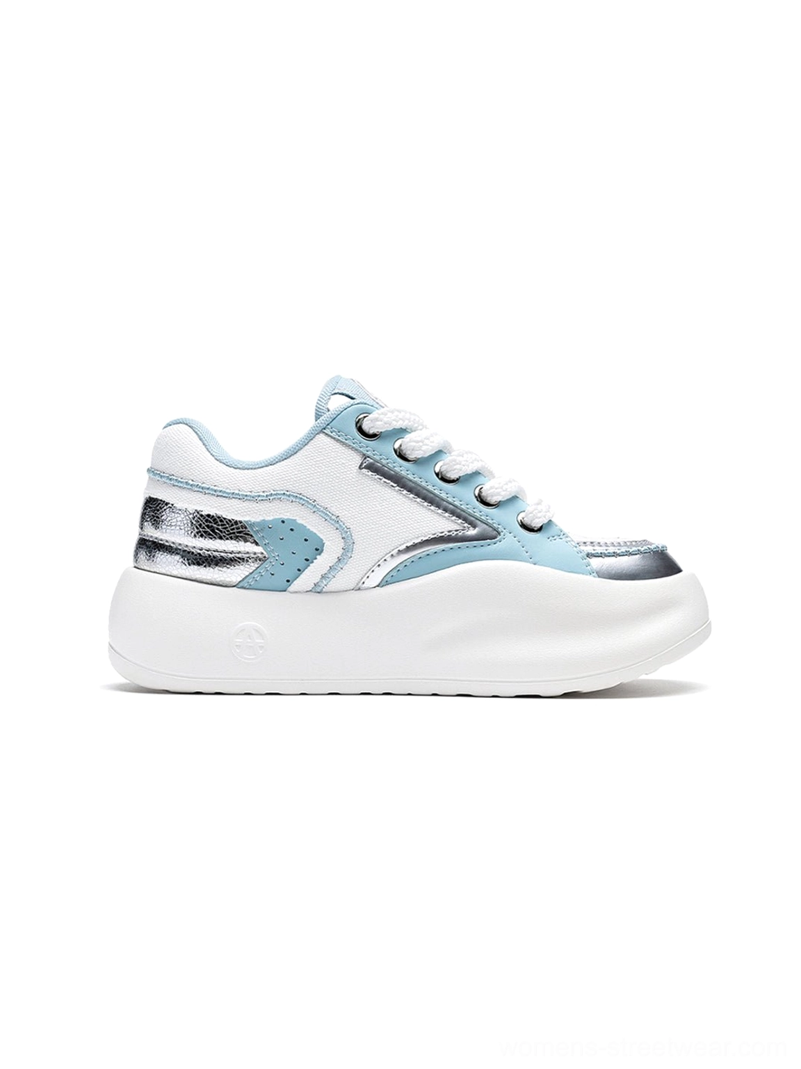 Side view of pastel blue and silver platform runner sneaker with breathable mesh upper metallic stripe and thick sole