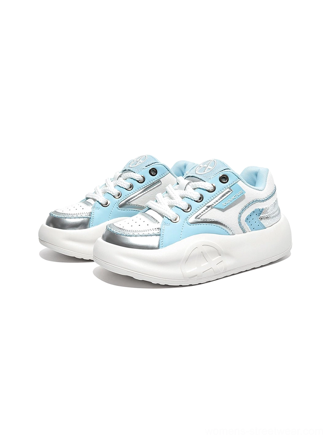 Pair of pastel blue silver and white chunky platform runner sneakers with lace-up design and color-block details