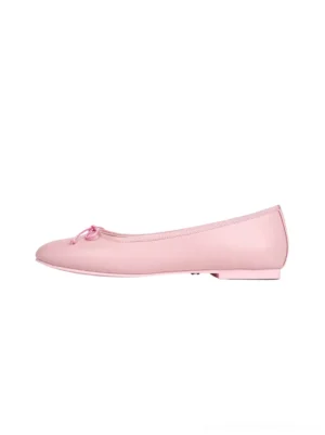 Light pink low-profile bow ballet flats with smooth finish upper and rounded square toe