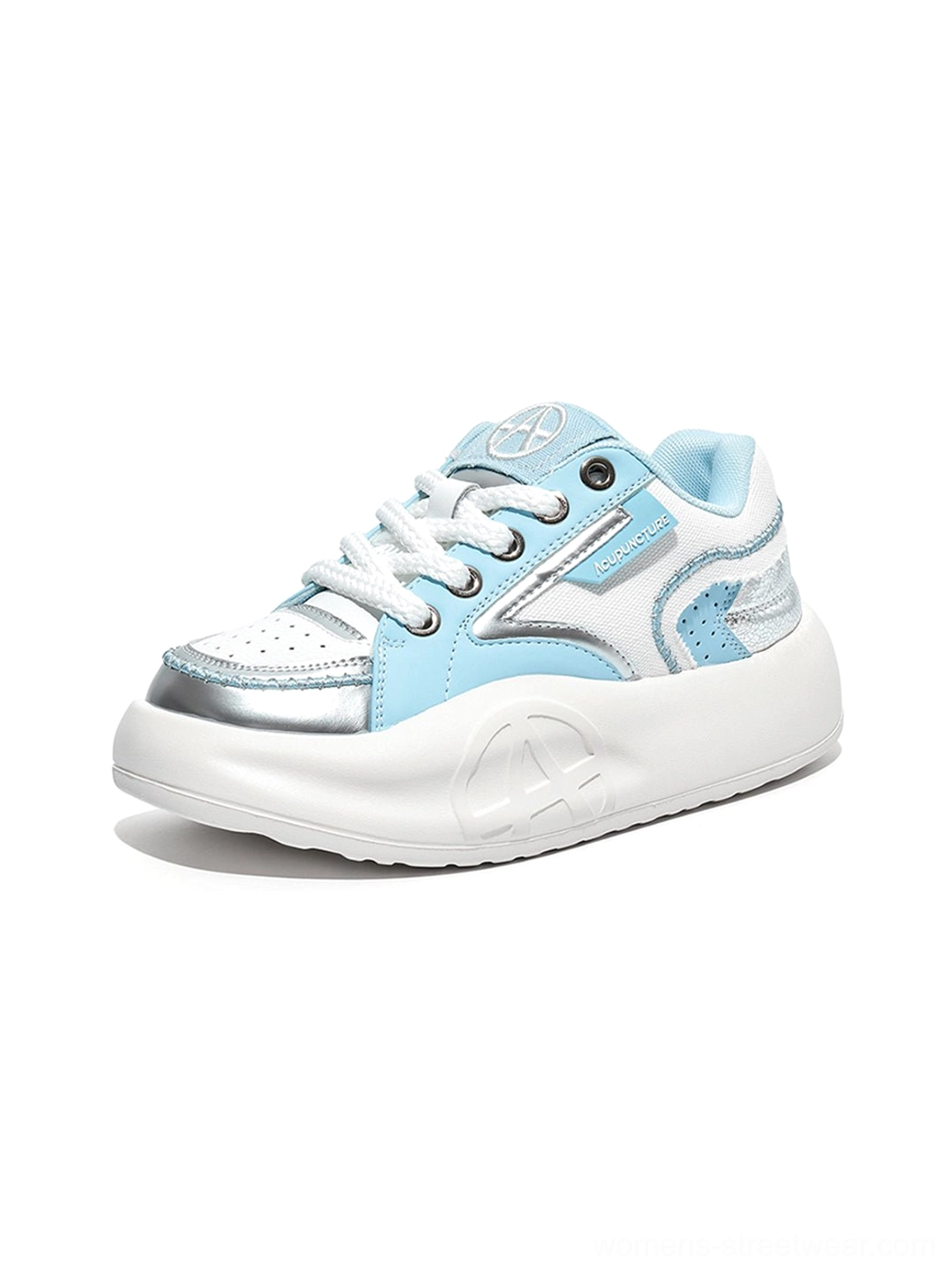 Front side view of pastel breathable platform runner sneaker with metallic overlays lace system and layered color blocking