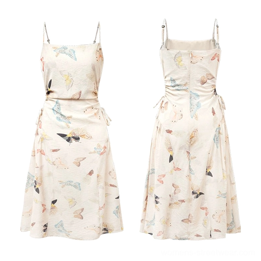 Pastel butterfly print square neck dress with adjustable spaghetti straps and waist-defining fit