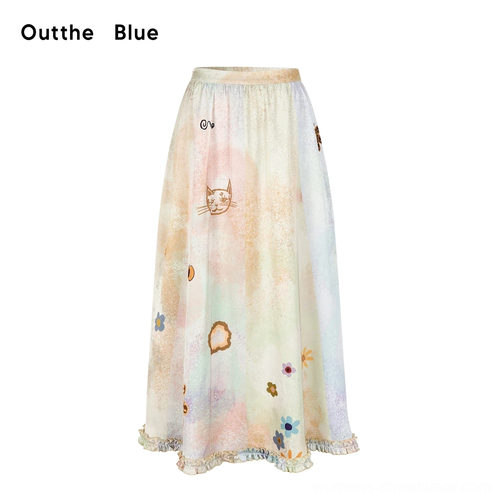 Pastel Cat Garden Maxi Skirt in Monet's Garden colorway with watercolor kitty and floral print, elastic high waist, and ruffled maxi hem