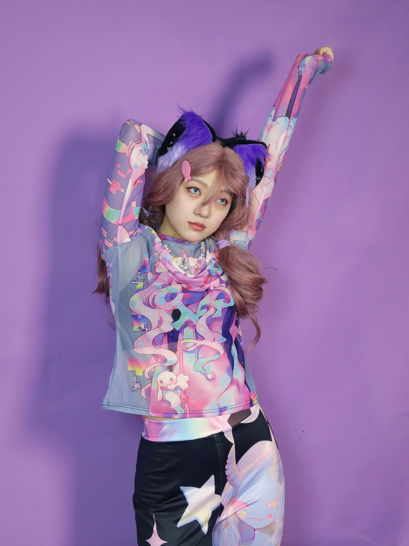 Pastel lilac cyber cartoon mesh long sleeve top showing the fitted silhouette and full front graphic print