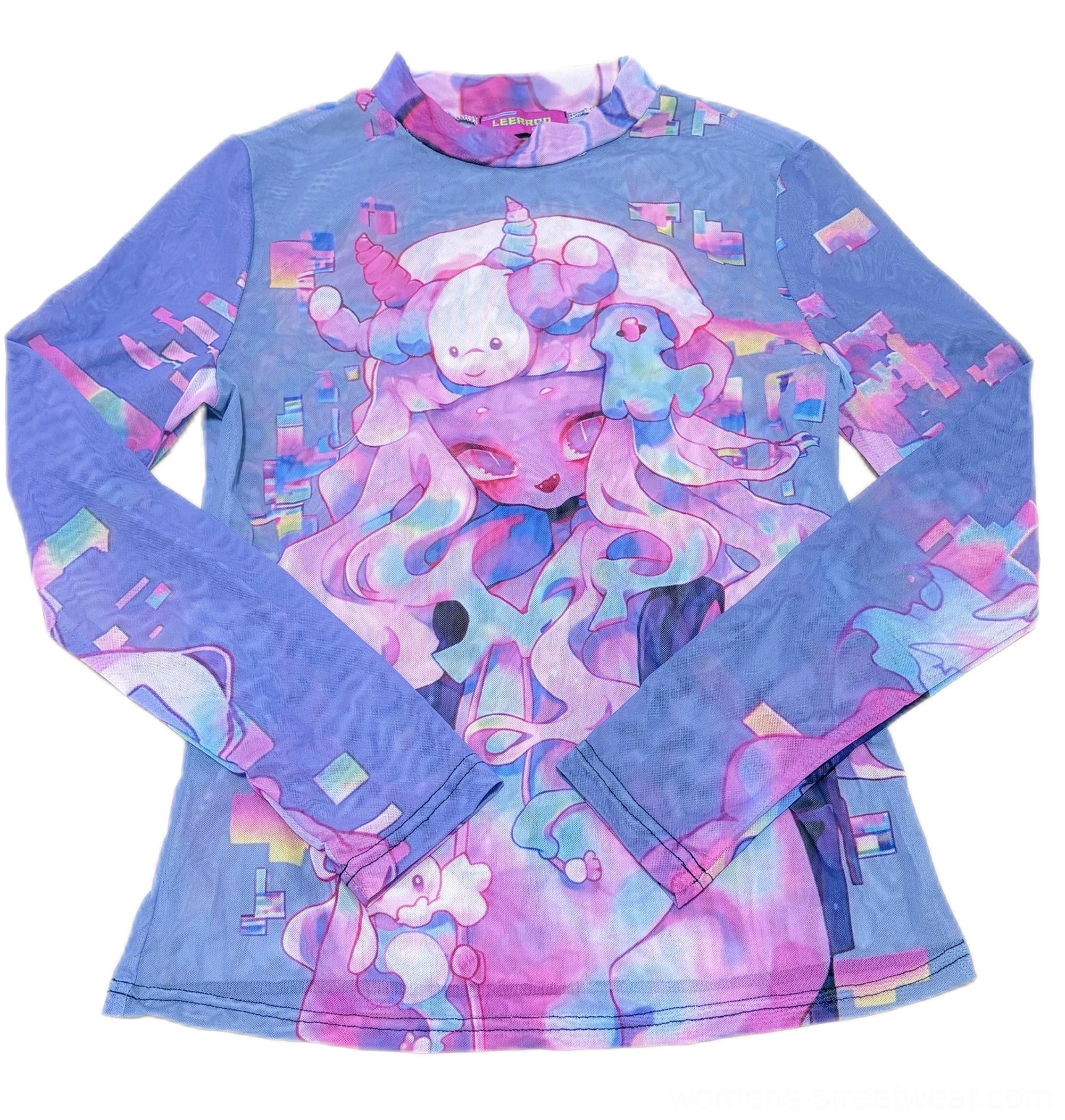 Flat lay of pastel lilac sheer mesh long sleeve Y2K top with mock neck and cyber cartoon front print