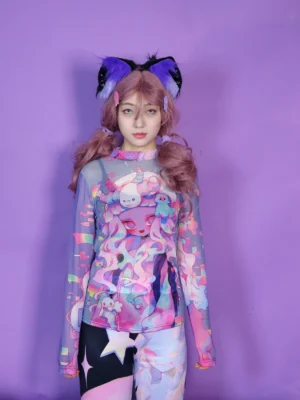 Pastel cyber cartoon mesh long sleeve Y2K top worn in a front full body view against a purple studio background