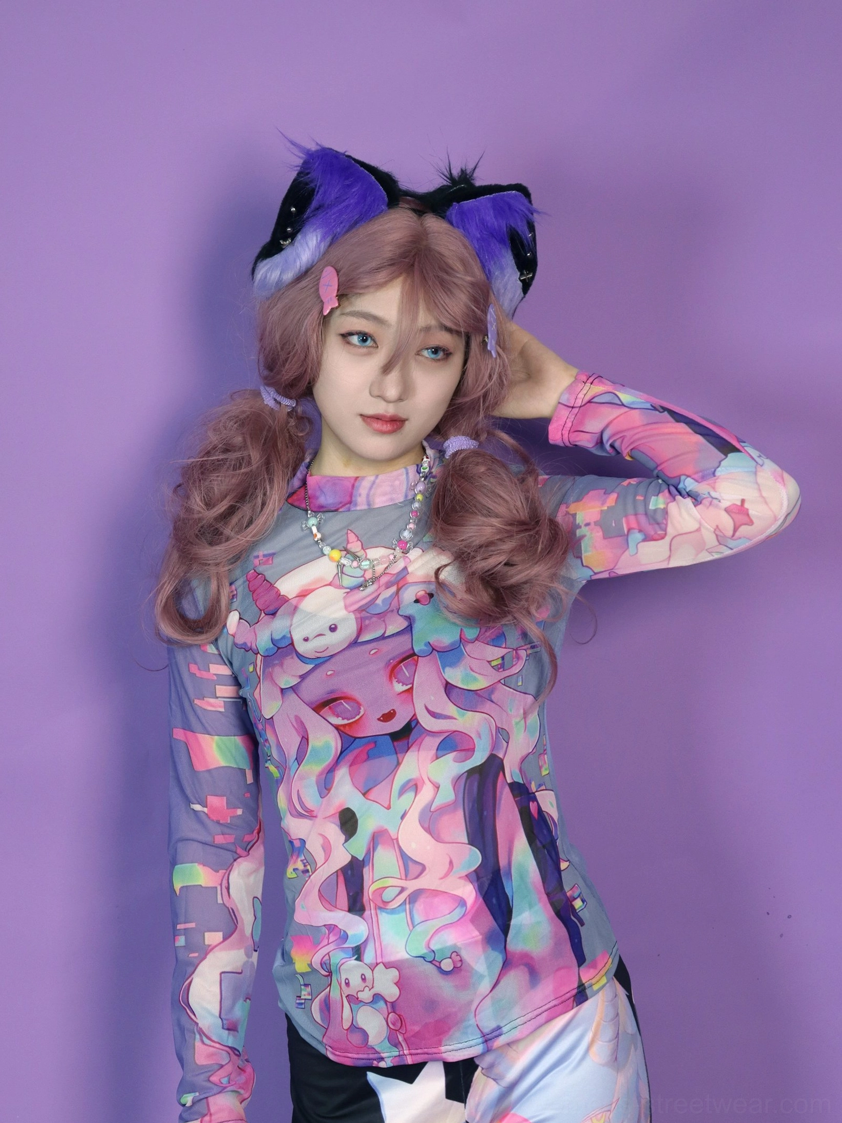 Lilac sheer mesh long sleeve Y2K cartoon print top in a fitted three quarter streetwear outfit view