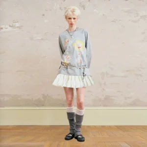 Pastel dreamer graphic sweatshirt with tiered ruffle skirt set - light gray floral print sweatshirt with white ruffle mini skirt and chain details on model