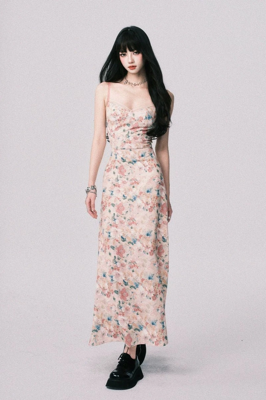 Pastel floral backless cami maxi dress in yellow pink with fitted ruched bodice, open back, ankle skimming skirt, and romantic Korean streetwear styling