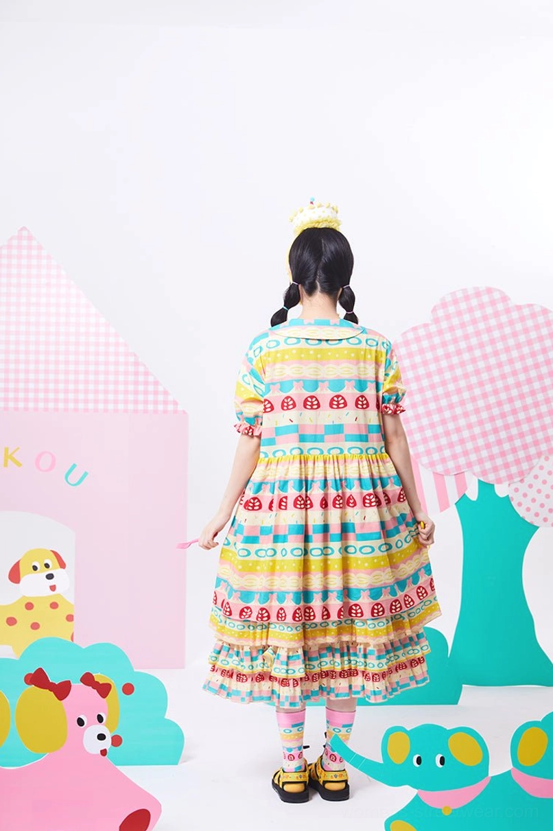 Back view of pastel colorful ladybug print Peter Pan collar ruffle midi dress in dollcore streetwear style