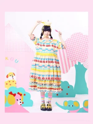 Pastel ladybug Peter Pan collar ruffle midi dress front view with colorful geometric print and tiered skirt