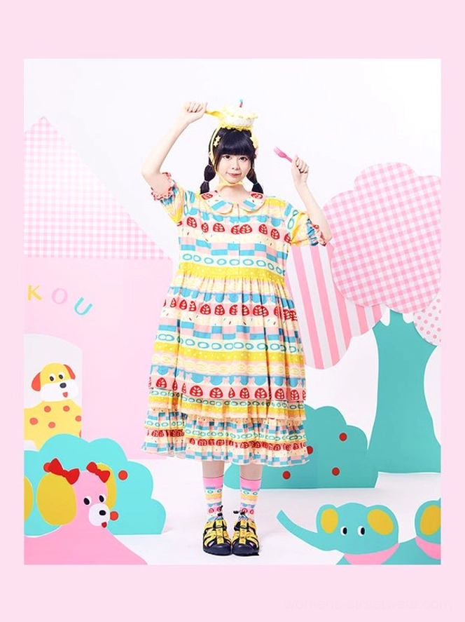 Pastel ladybug Peter Pan collar ruffle midi dress front view with colorful geometric print and tiered skirt