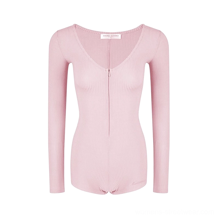 Pastel pink long sleeve ribbed romper jumpsuit flat lay with V neck front zipper and fitted short silhouette