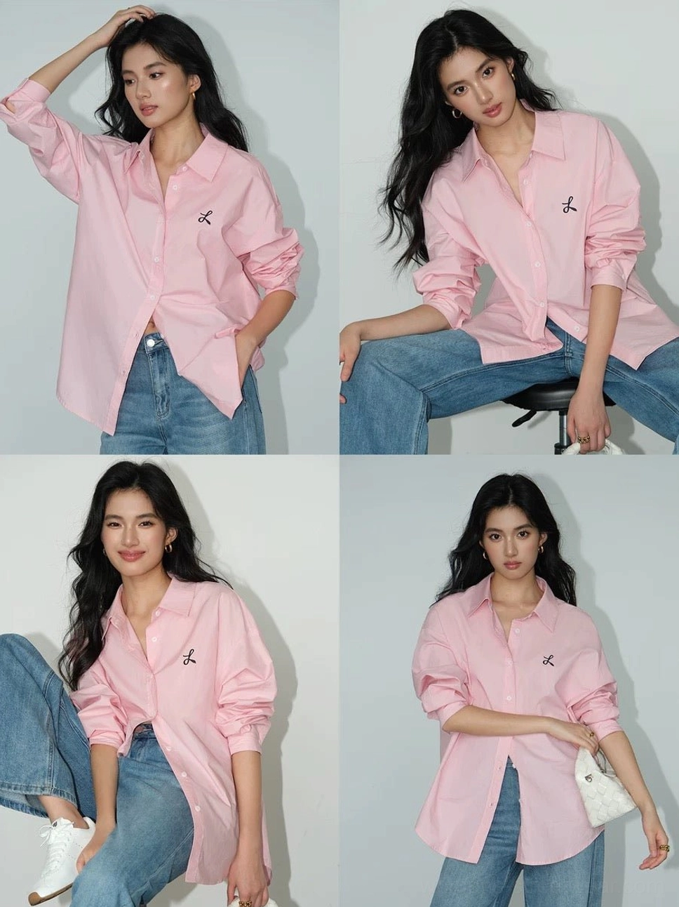 Pastel pink oversized embroidered shirt shown in relaxed studio poses with casual blue denim outfit