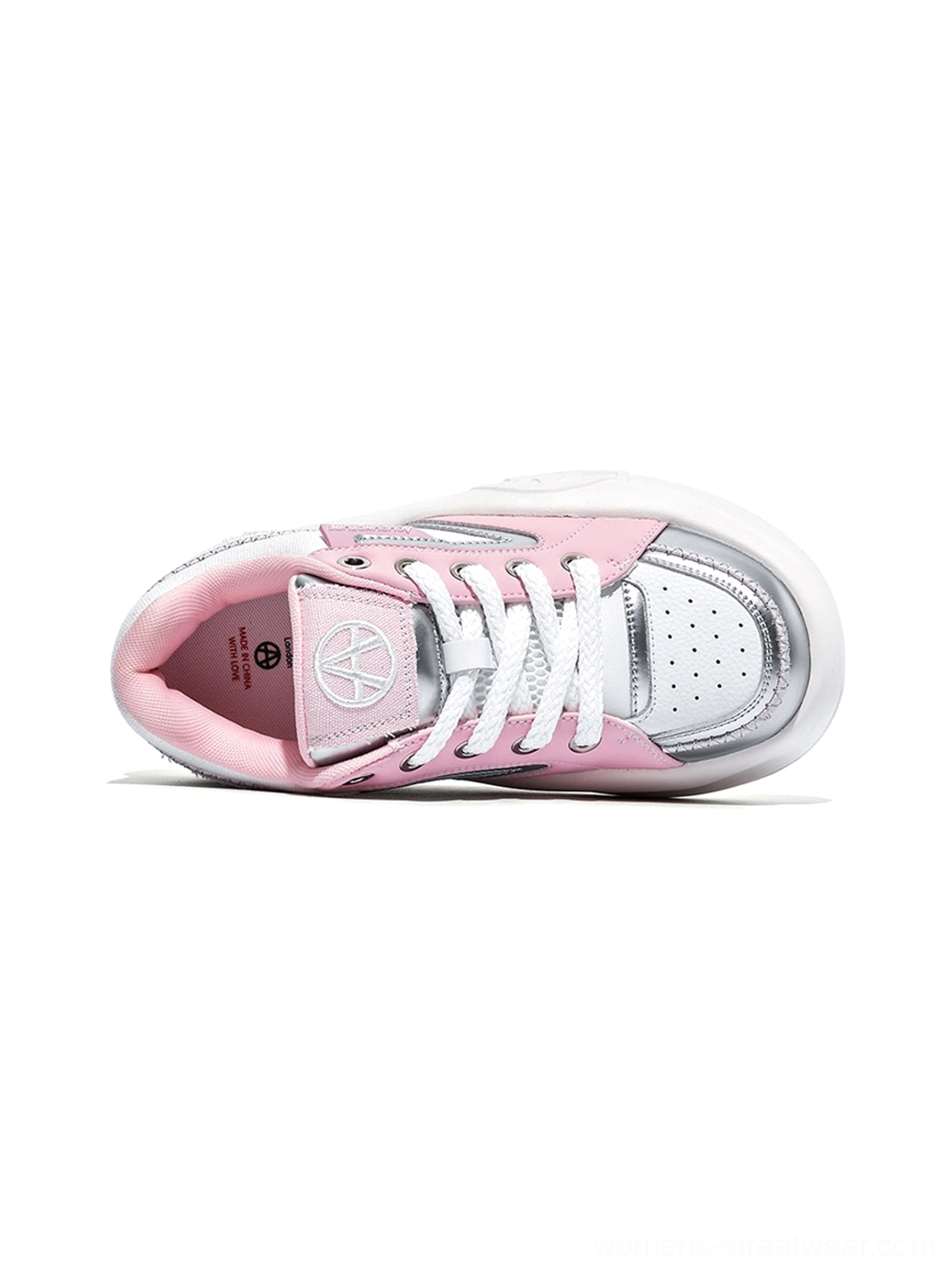 Pastel platform running-inspired sneakers with silver overlays and soft color accents for fashion-forward athleisure styling