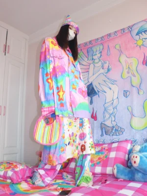 Pastel rainbow graphic streetwear shirt with pink plaid collar and cuffs shown in a relaxed oversized fit with macaron color details