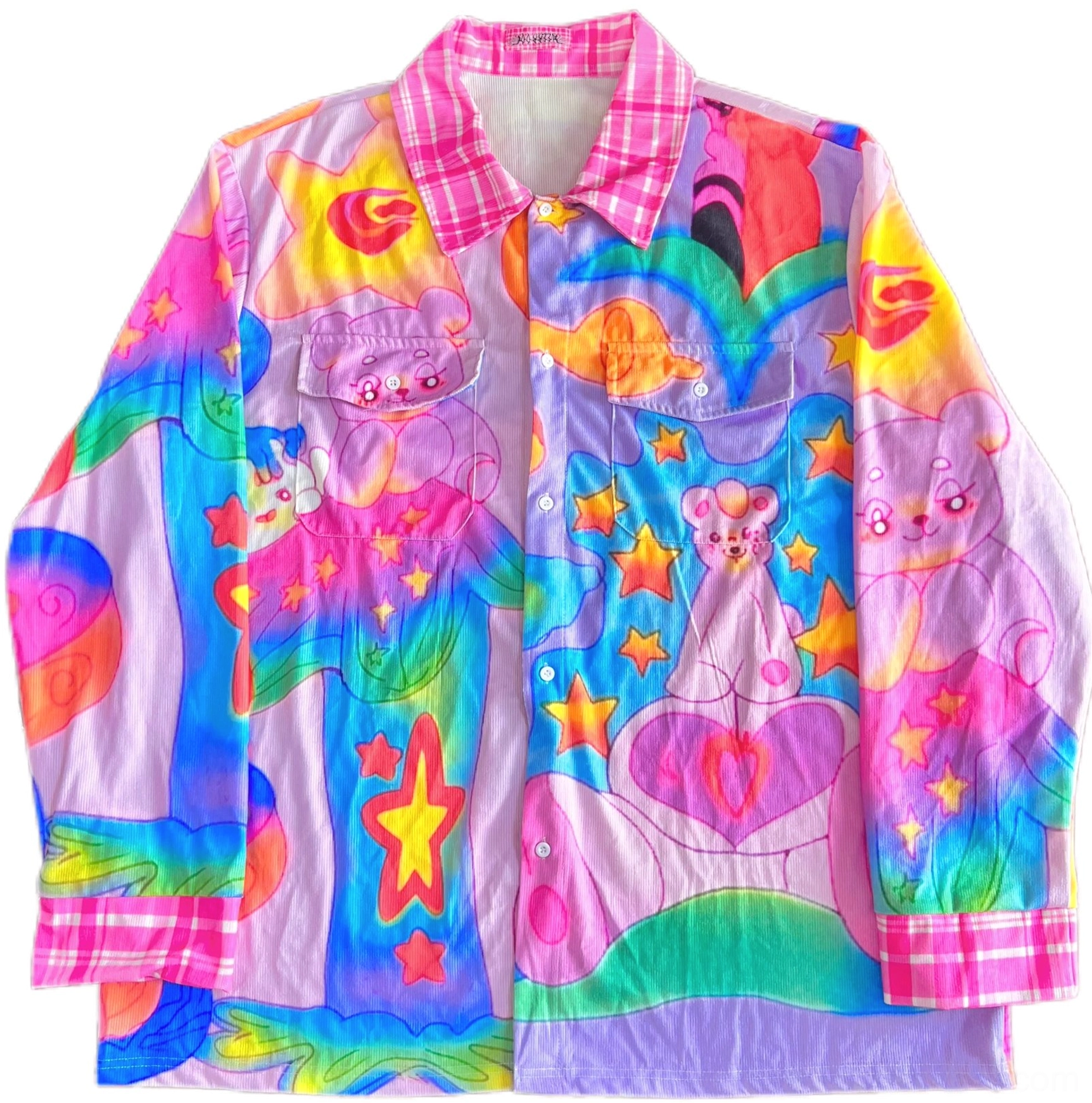 Pastel rainbow star print long sleeve corduroy shirt displayed flat with a pink plaid collar and oversized cartoon graffiti design