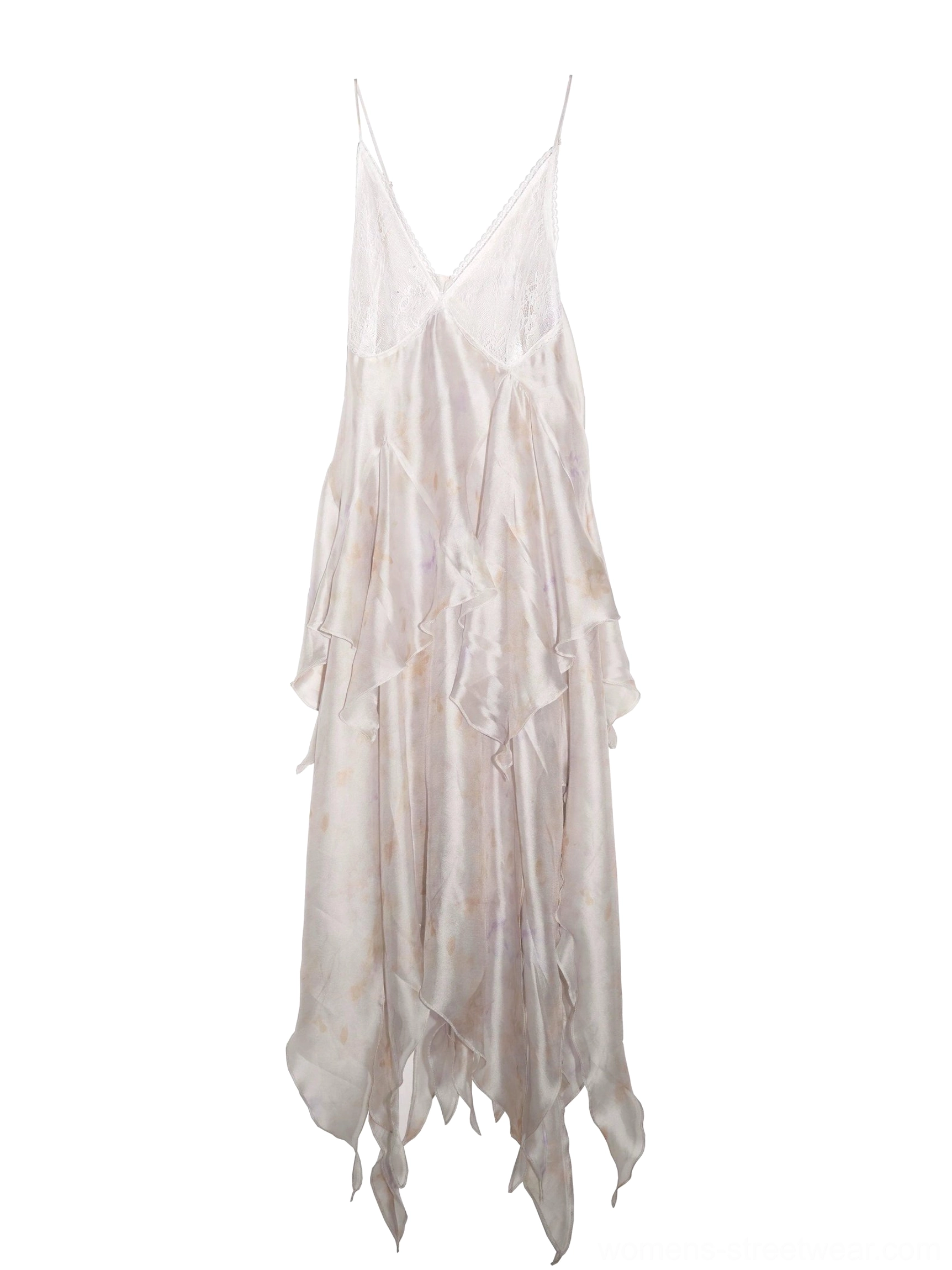 Pastel tie dye chiffon slip dress displayed flat with spaghetti straps, deep V neckline, asymmetric layered ruffles, and irregular maxi hem