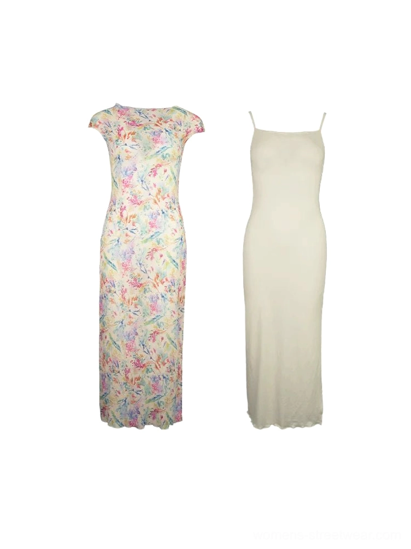 Pastel watercolor floral cheongsam-inspired maxi dress and off-white slip layer flat lay product view