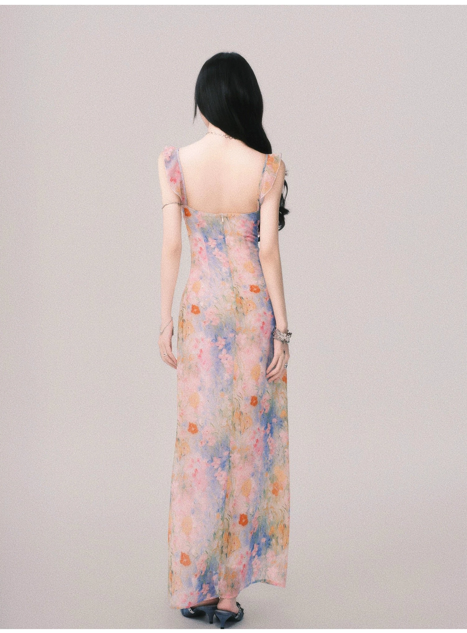 Pastel watercolor floral ruffle maxi slip dress for women with elegant summer slip dress silhouette