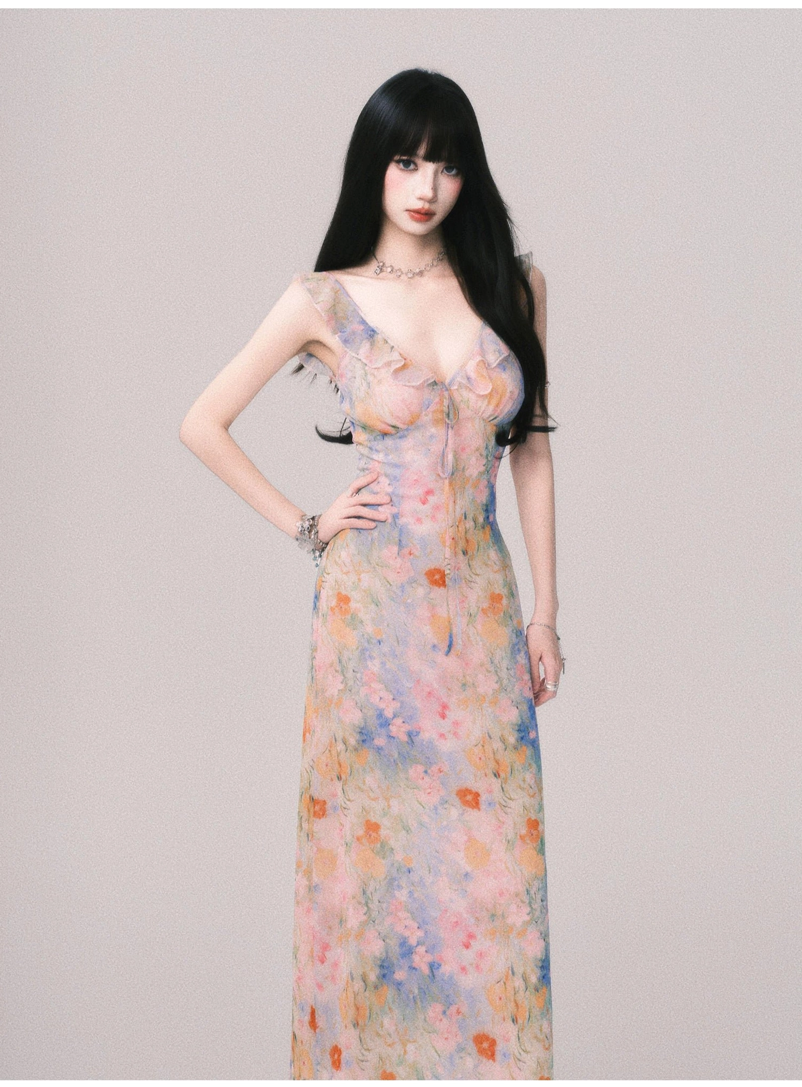 Pastel floral body-skimming maxi dress with ruched center bust detail and soft watercolor print
