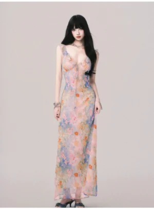 Pastel watercolor floral ruffle maxi slip dress for women shown in a full front studio view