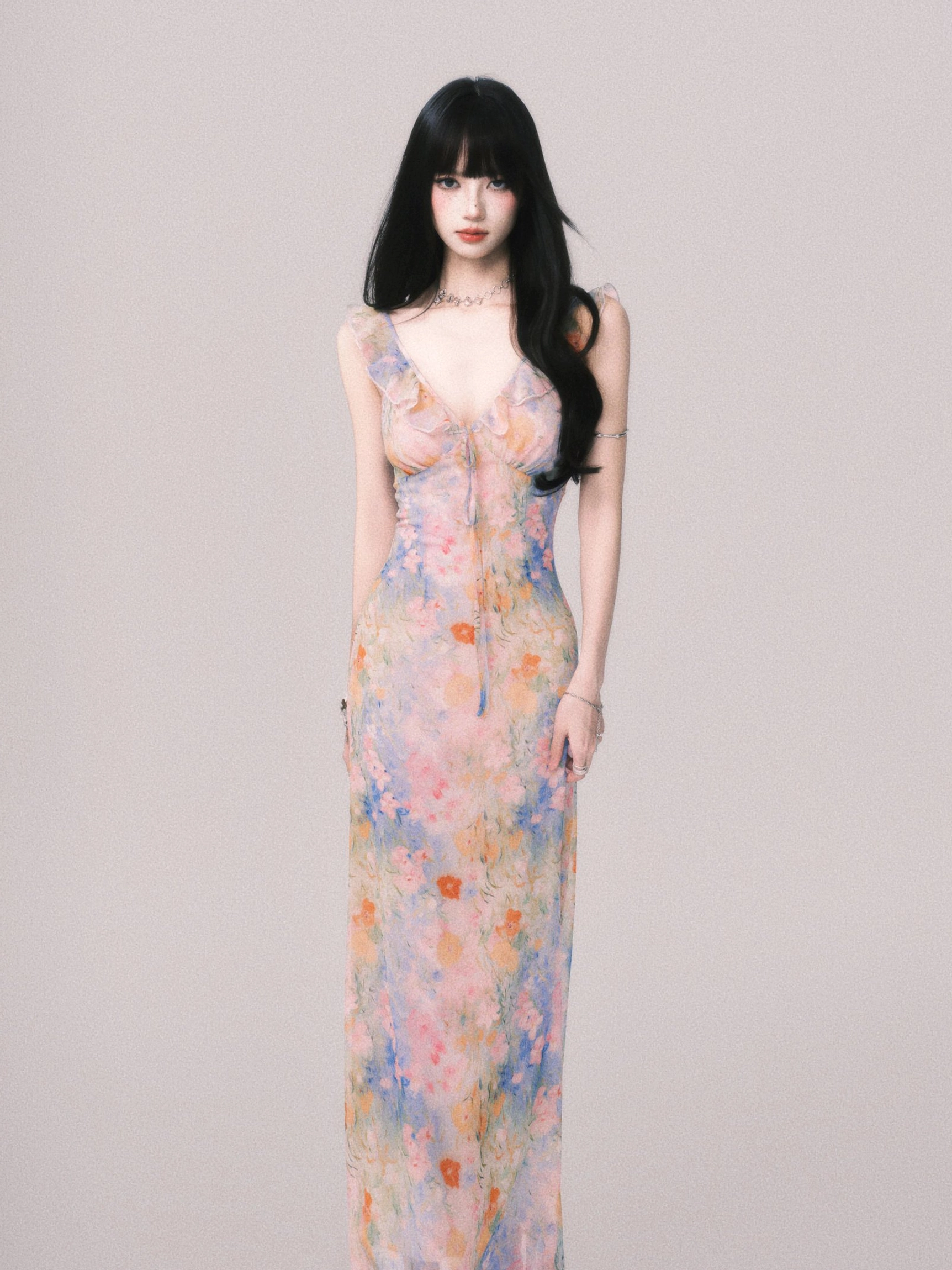 Printed pastel watercolor floral ruffle maxi slip dress for women product variant image