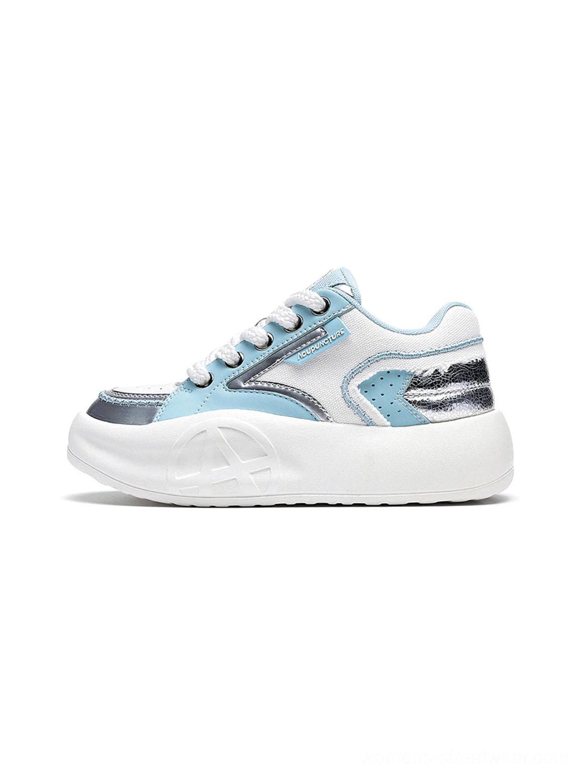 Pastel blue silver and white platform runner sneaker with breathable mesh metallic overlays and chunky lightweight streetwear sole