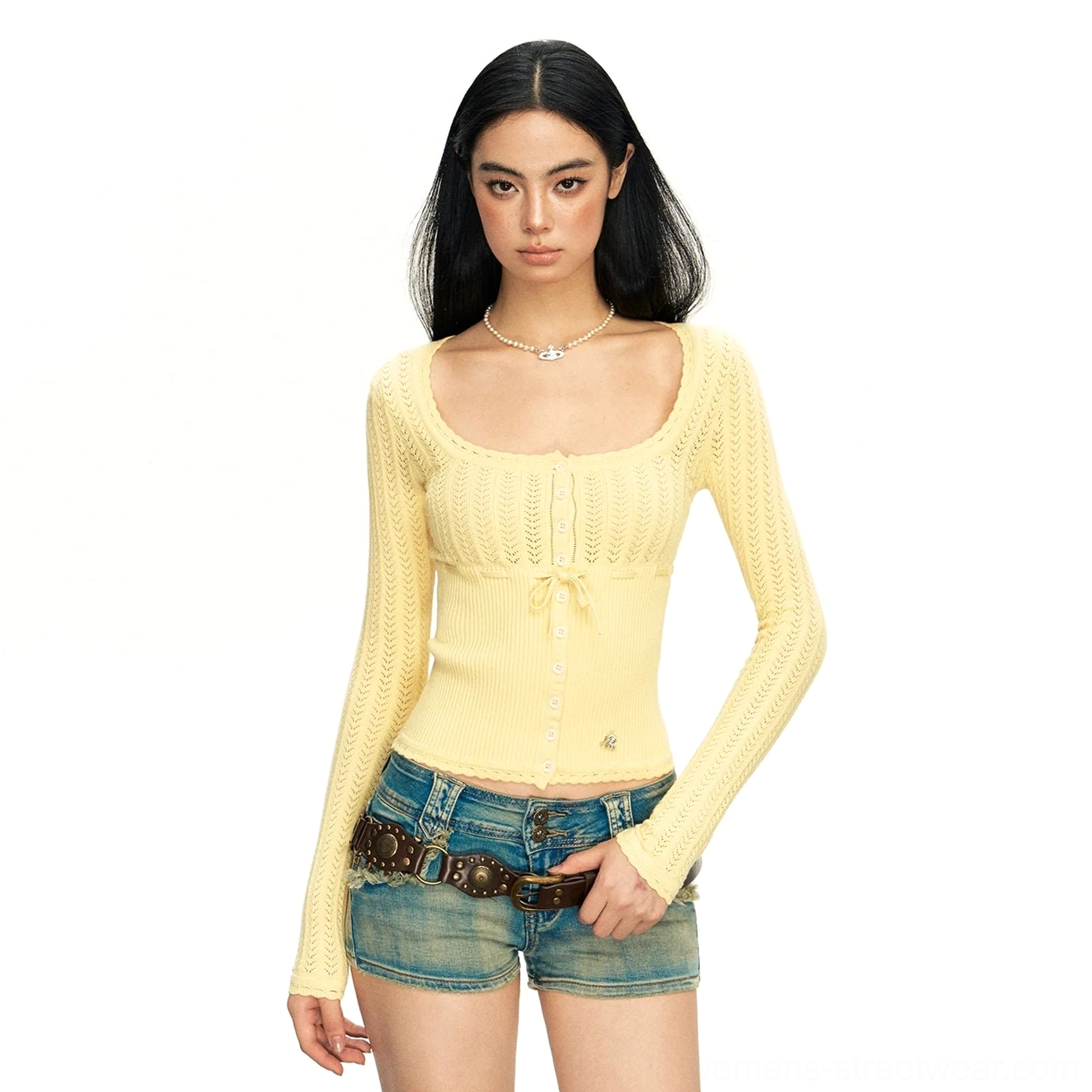 Pastel yellow open-knit ribbed cardigan with slim long sleeves, square neckline, bow-tie front, and Y2K streetwear styling
