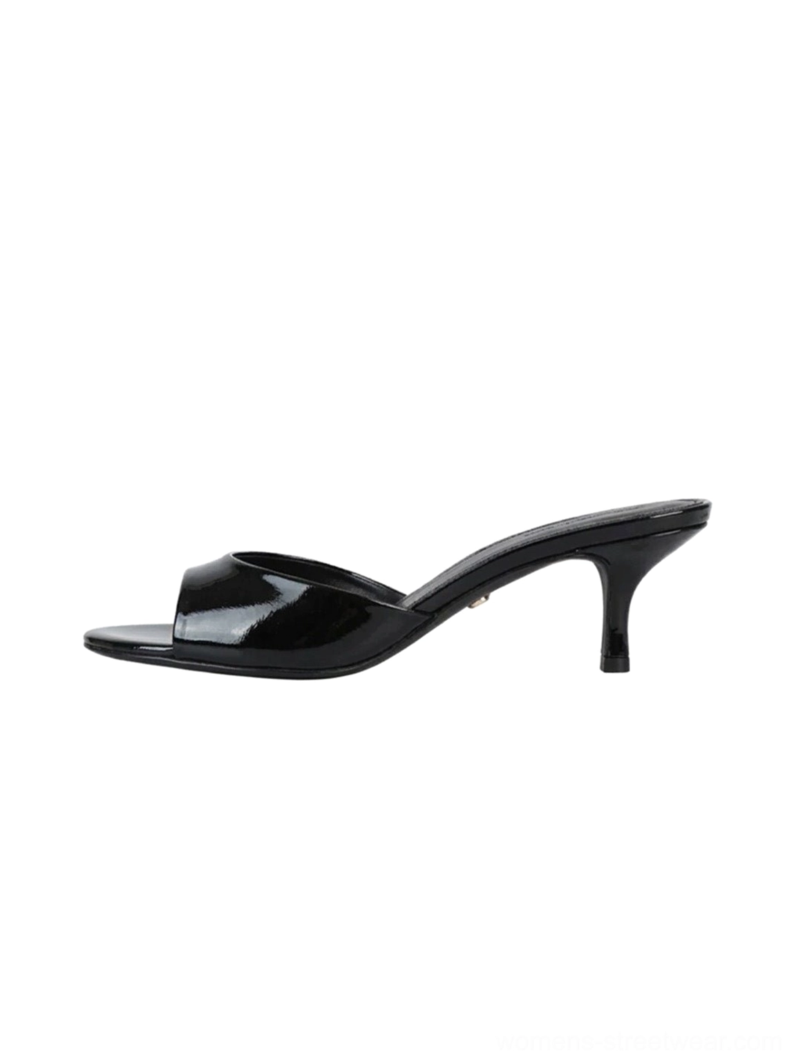 Black patent open-toe kitten-heel mule with glossy single strap and tapered low heel side view