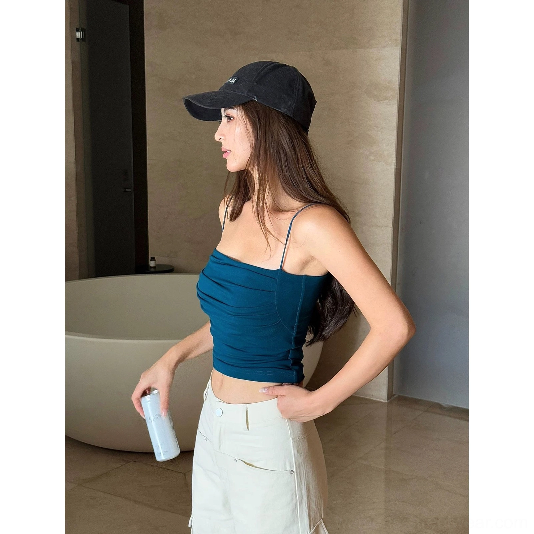 Peacock blue ruched cami crop top with soft draping and a flattering sculpted streetwear silhouette