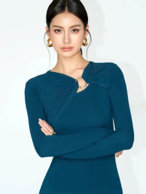 Peacock blue twist front ring cutout knit top with long sleeves and slim Korean Y2K streetwear fit
