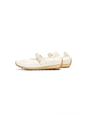 Pearl strap leather ballet Mary Jane shoes shown as a pair with soft leather uppers, rounded toes, and gum rubber EVA soles