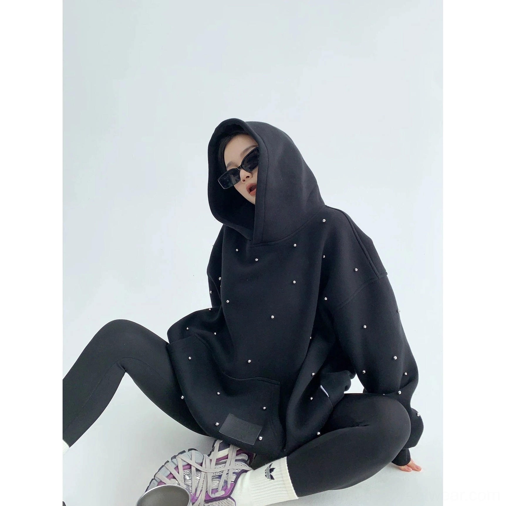 Pearl Studded Oversized Streetwear Hoodie detail image highlighting the heavyweight fleece construction, loose sleeves, and subtle shimmer