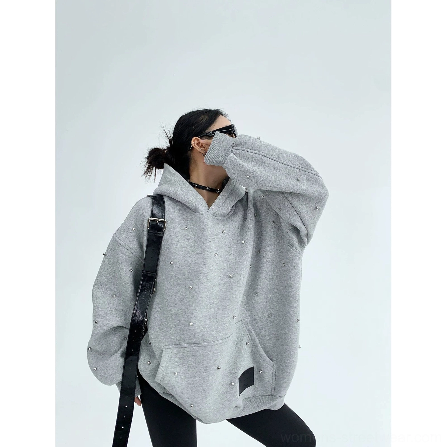 Pearl Studded Oversized Streetwear Hoodie product image showing the relaxed cocoon silhouette, embellished surface, and roomy hood