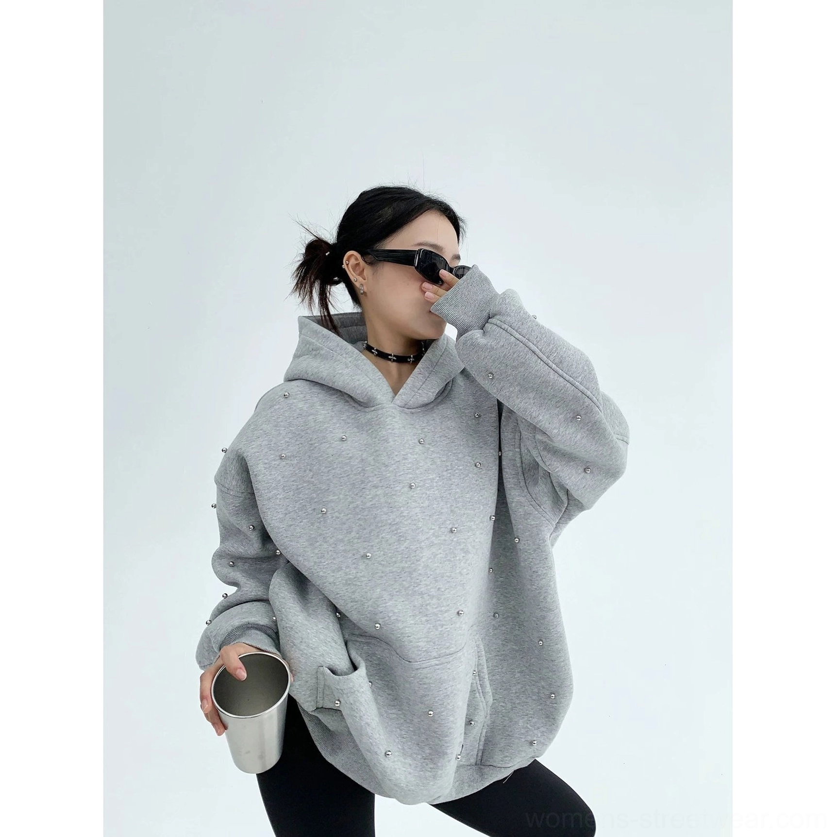 Pearl Studded Oversized Streetwear Hoodie style image featuring the oversized fit, all-over pearl embellishments, and contemporary Seoul-inspired design