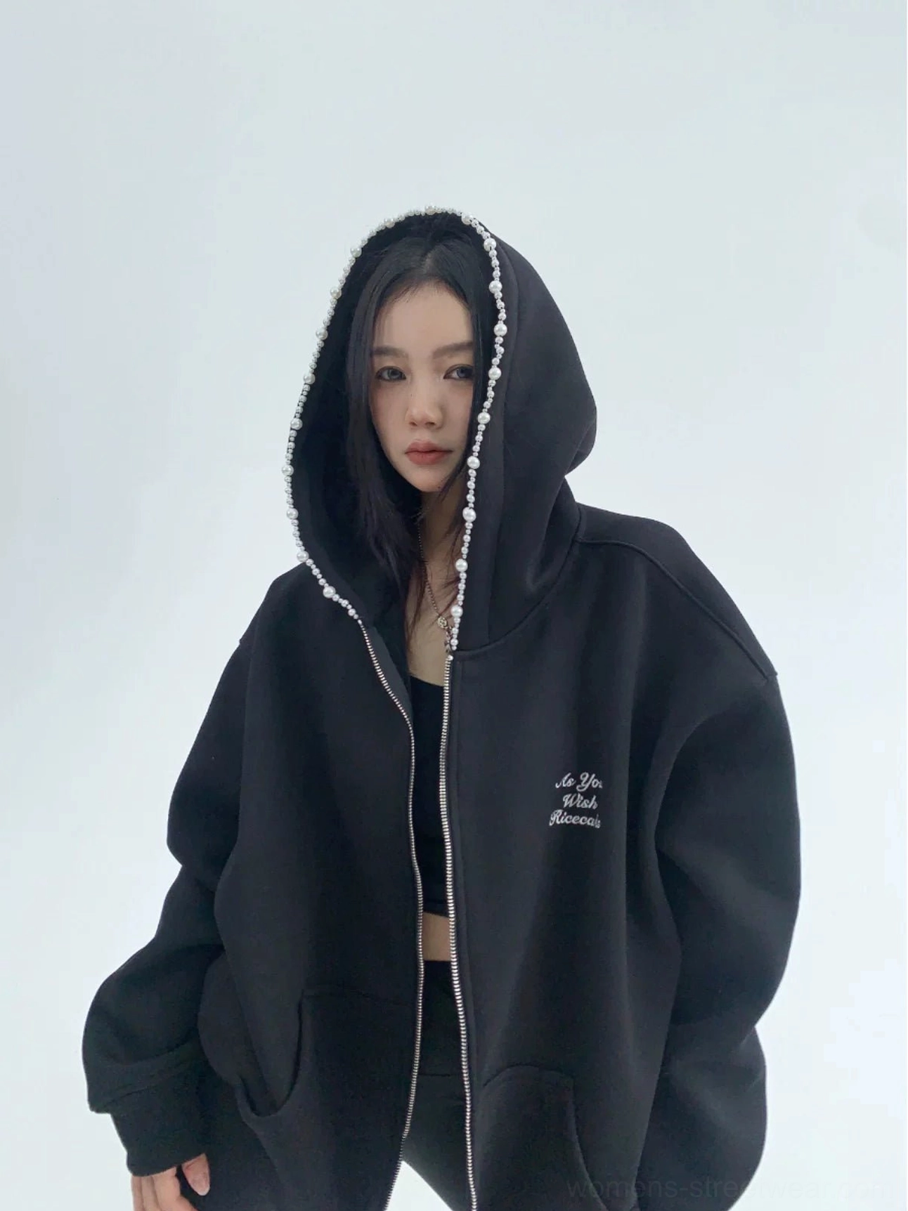 Black pearl trim oversized zip-up cloud hoodie for women front view with faux pearl hood detail