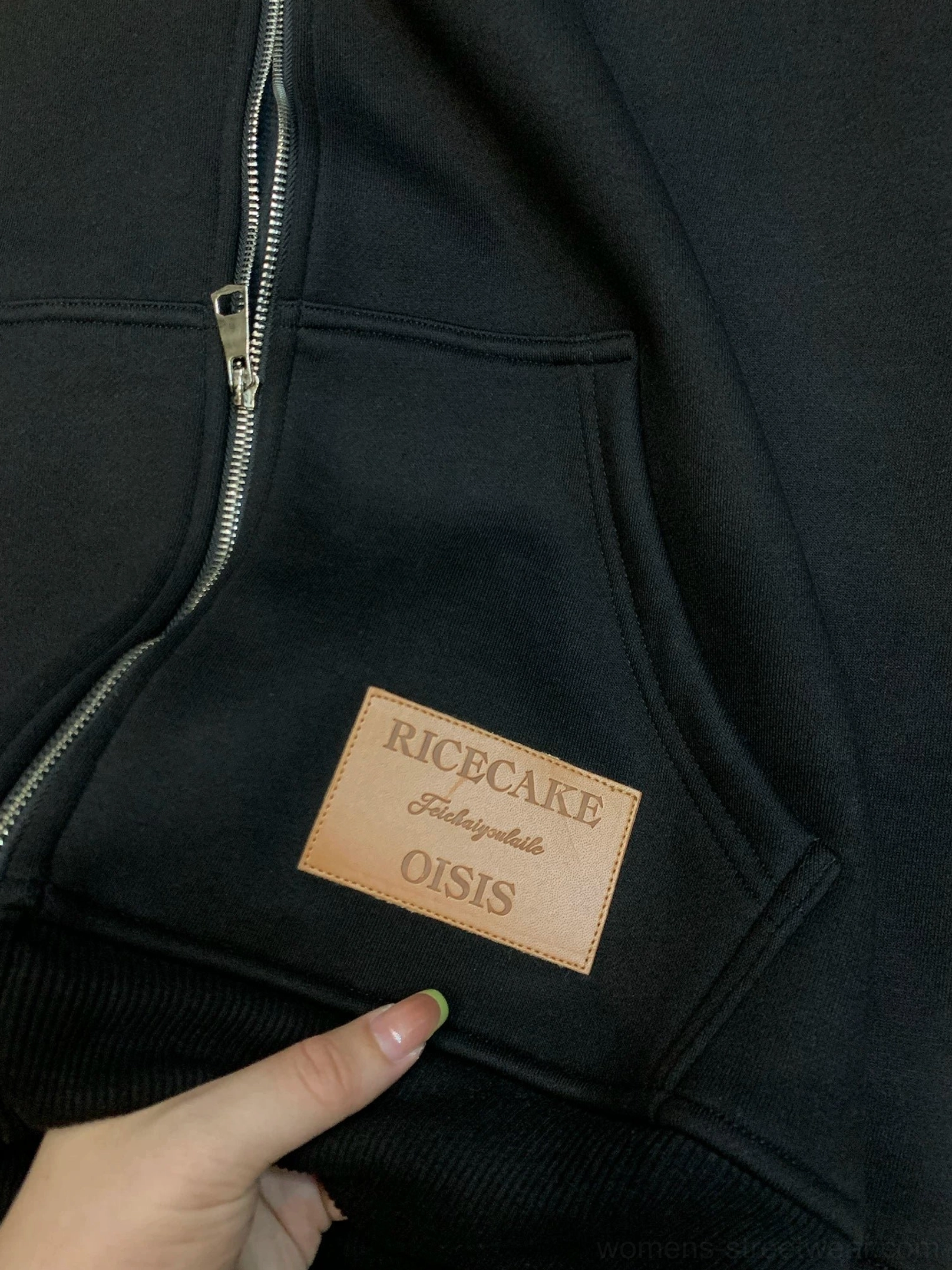 Pearl trim oversized zip-up cloud hoodie for women heavyweight fleece detail view