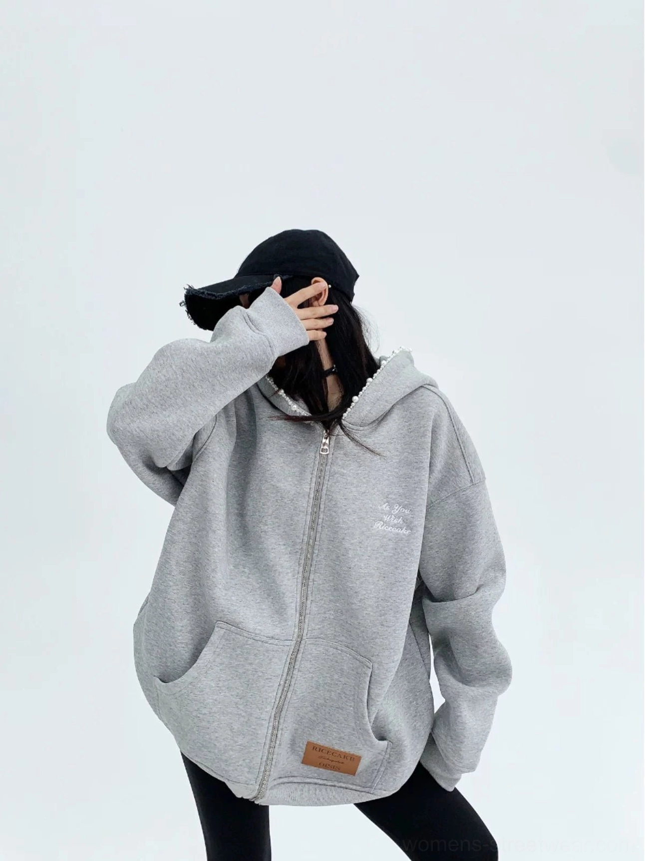 Heather gray women’s oversized zip-up cloud hoodie side back view with relaxed streetwear silhouette