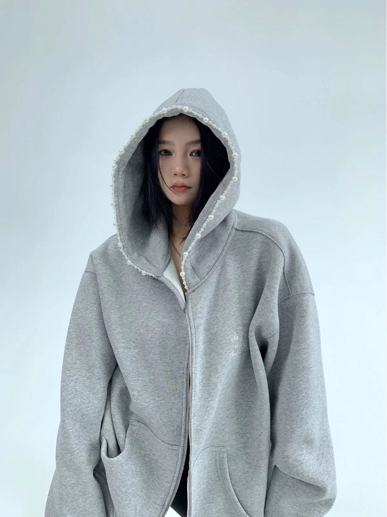 Heather gray pearl trim oversized zip-up cloud hoodie for women front view with faux pearl hood edge