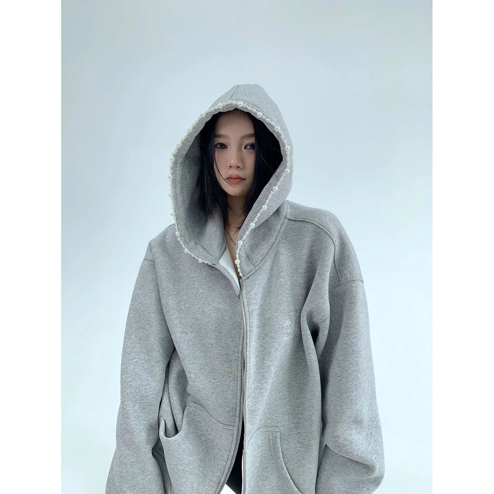 Heather gray pearl trim oversized zip-up cloud hoodie for women color variant product view