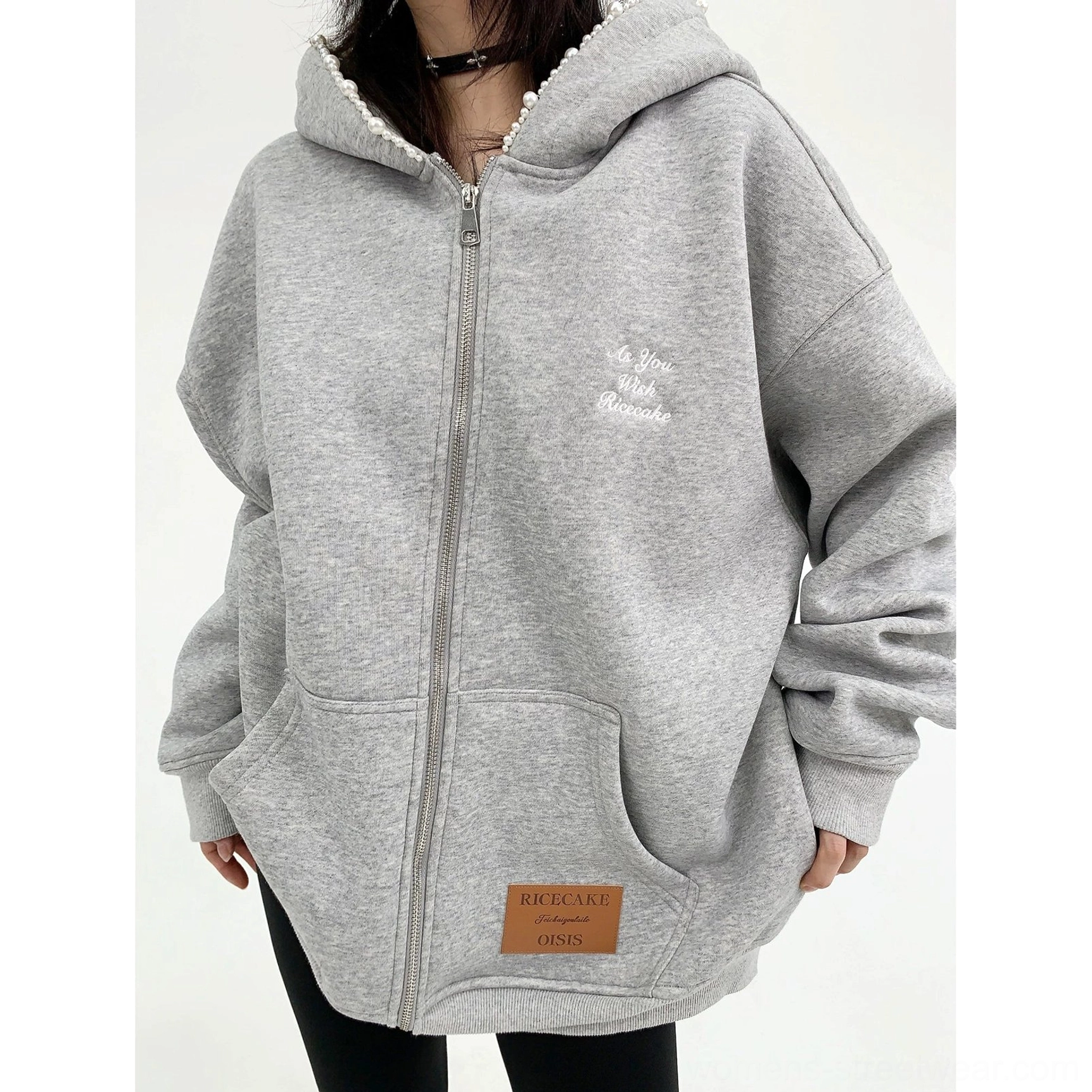 Pearl trim oversized zip-up cloud hoodie for women faux pearl hood embellishment detail