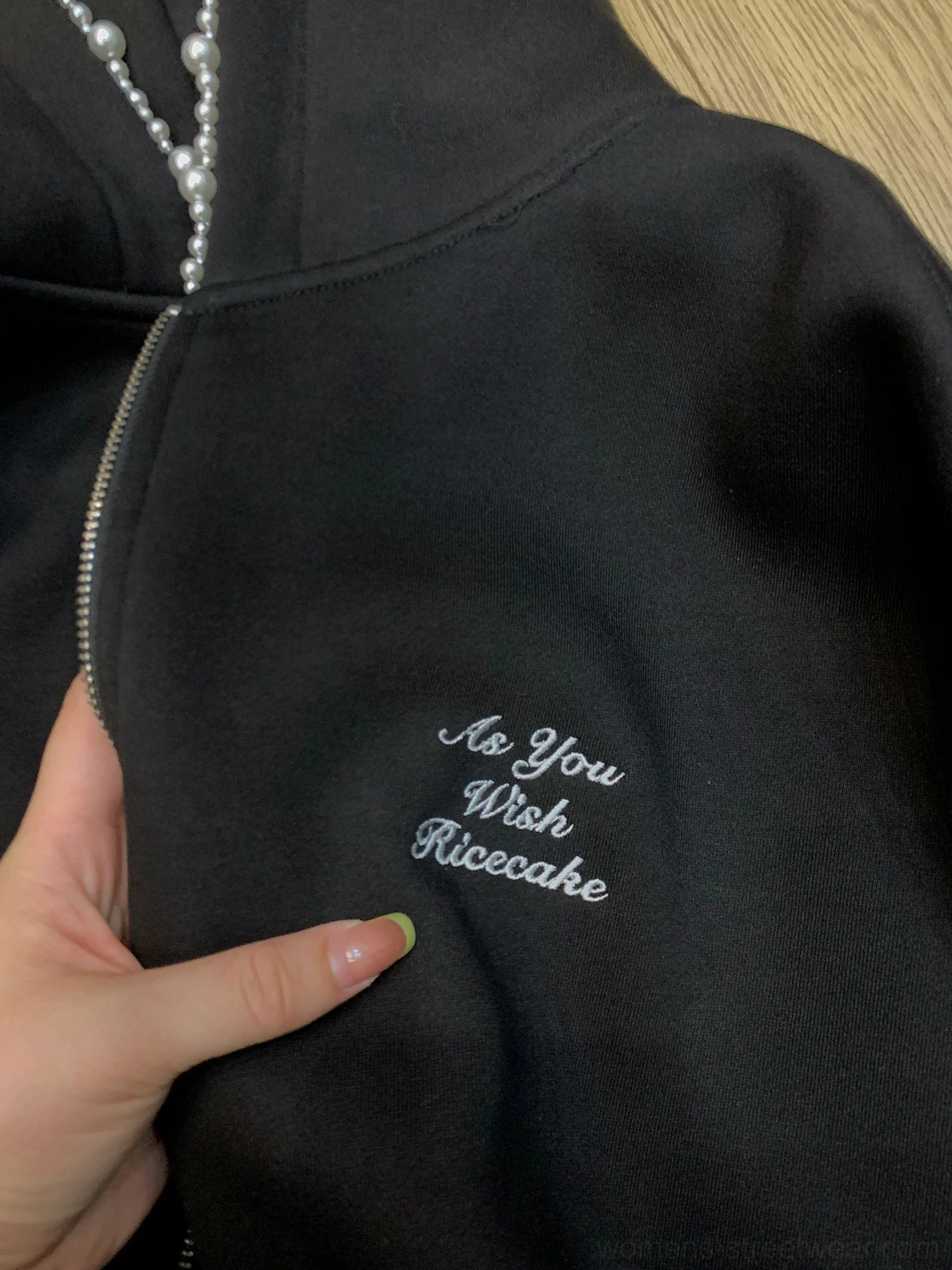 Pearl trim oversized zip-up cloud hoodie for women detailed product view