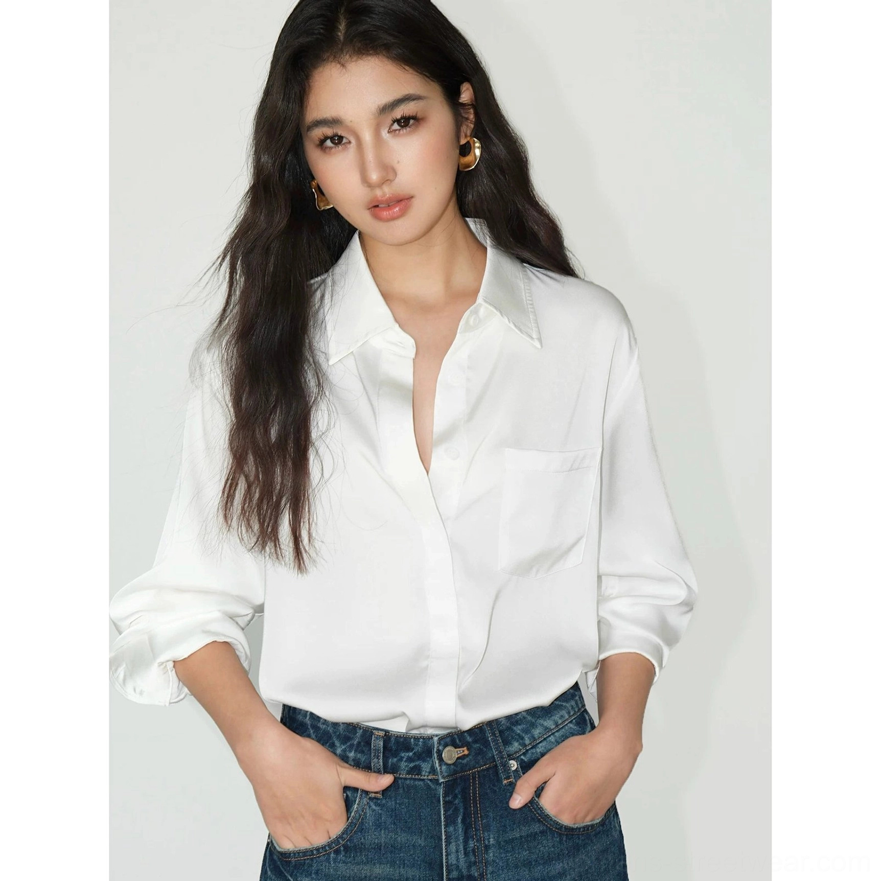 Pearl white satin draped pocket shirt women's Korean streetwear button up top product detail