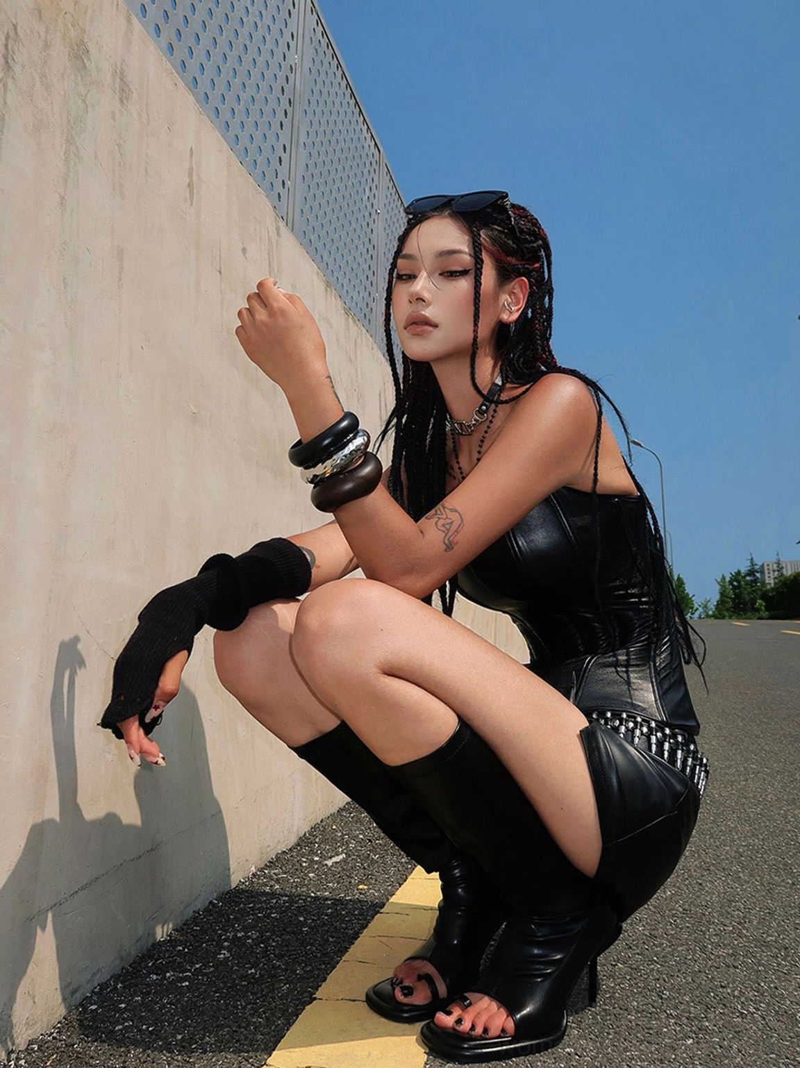 Peep toe stretch stiletto knee high boots for women contemporary Y2K styling image
