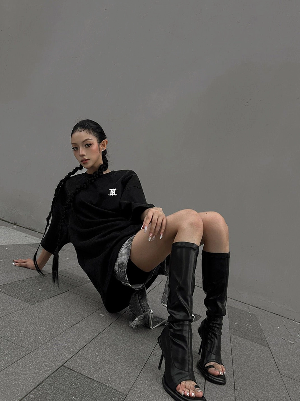 Peep toe stretch stiletto knee high boots for women platform sole and stiletto heel image