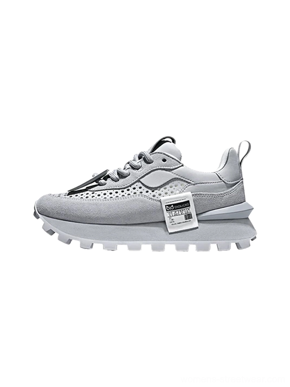 Light gray perforated leather platform casual shoes shown from the front three-quarter angle with breathable upper and rugged layered outsole