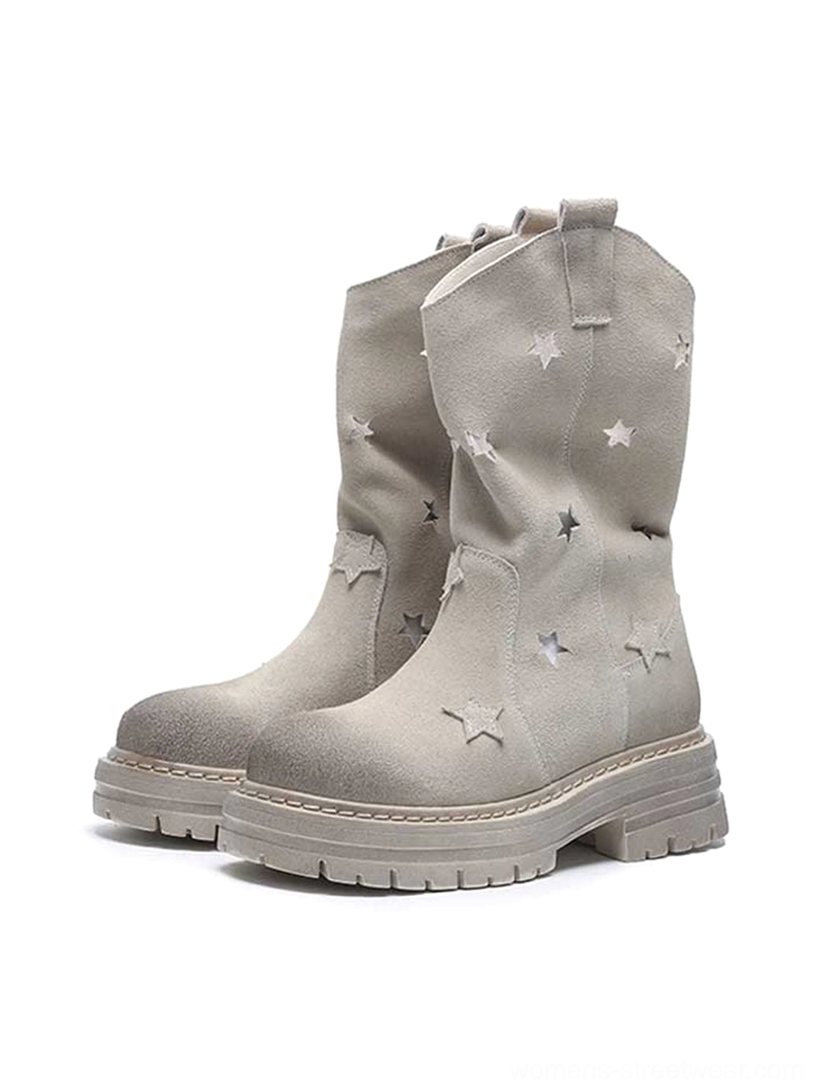 Pair of perforated-star nubuck platform boots front three-quarter static view on white background showing multiple star hollow decals and chunky sole