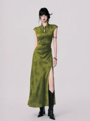Pine moss green floral jacquard cheongsam inspired maxi dress front full body view with mandarin collar tie and high side slit