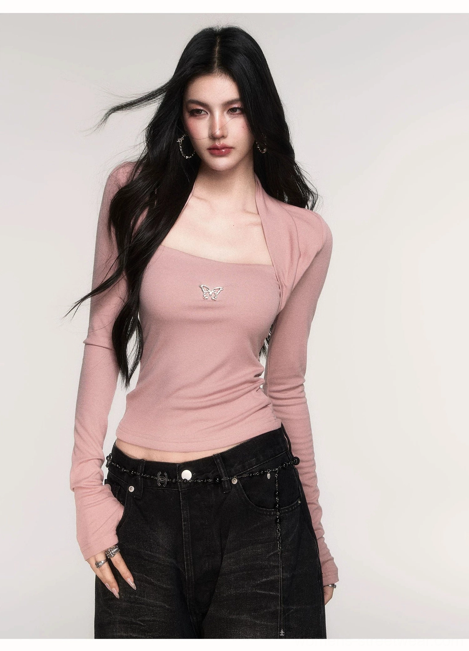Pink Acubi butterfly emblem ribbed knit top variation with integrated long-sleeve shrug, square neckline, open shoulders, and fitted silhouette