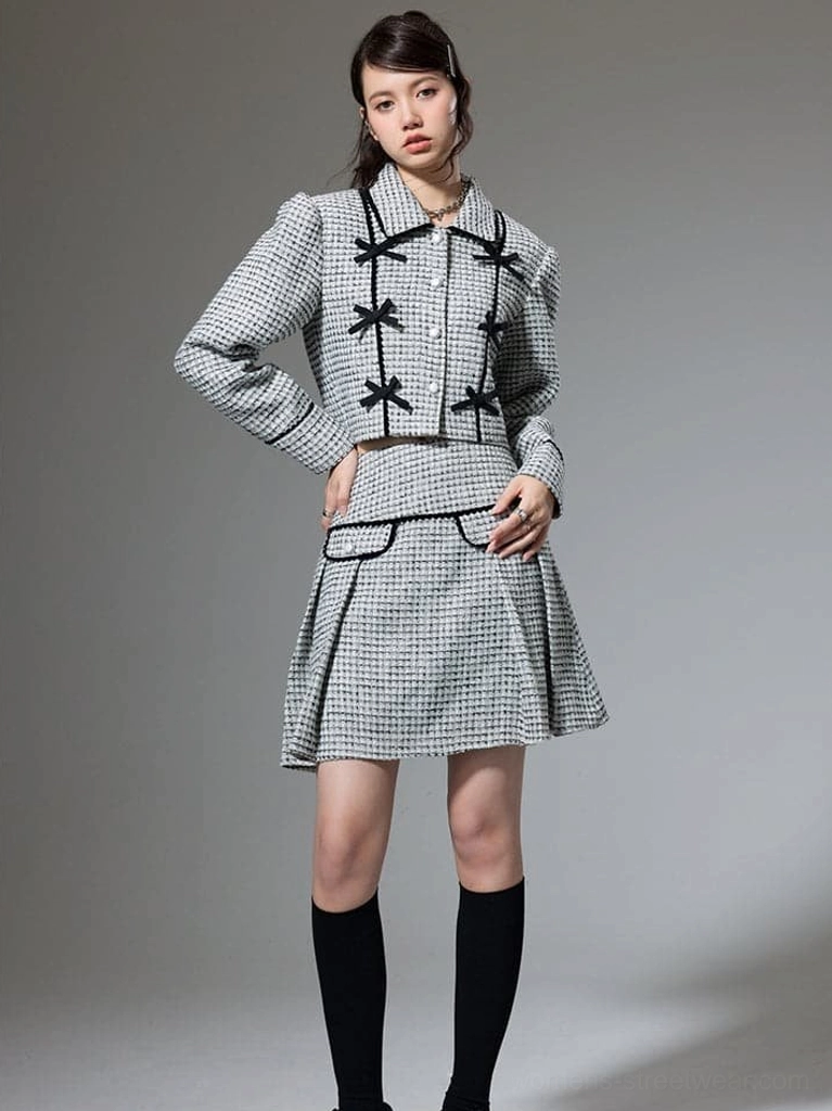 Pink or black bow detail cropped jacket and pleated mini skirt coordinated streetwear outfit